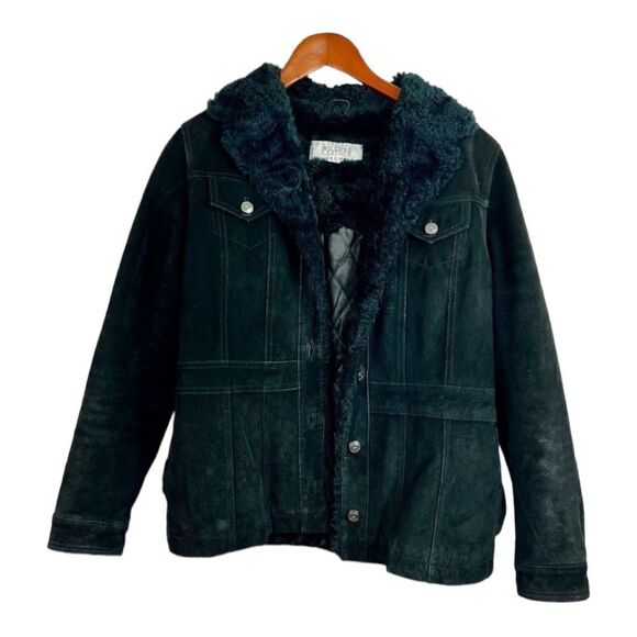 Vintage 90s Wilsons Leather Maxima Black Suede Sherpa Faux Fur Quilted Jacket - Picture 1 of 14